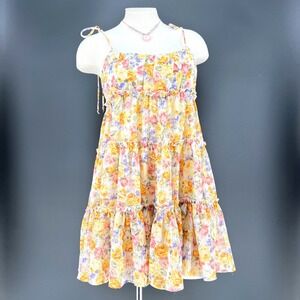 Womens Floral Tiered Babydoll Sun Dress Small Yellow Pink cottage vacation beach